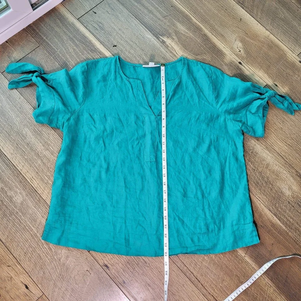 Charter Club Luxury Teal Green 100% Linen Split Neck Tie Sleeve Top Large